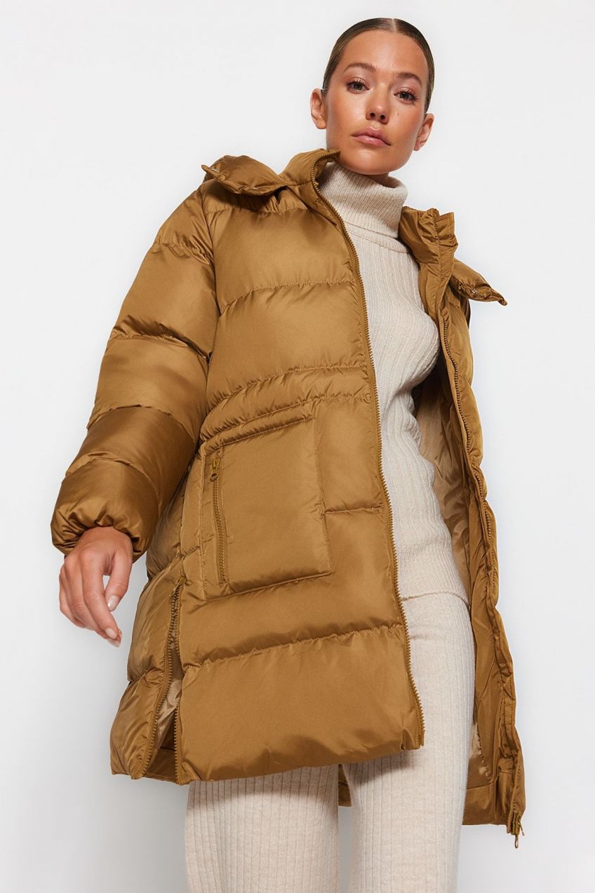 Trendyol Oil Green oversized kabát s kapucňou, vodoodpudivý nafukovací kabát