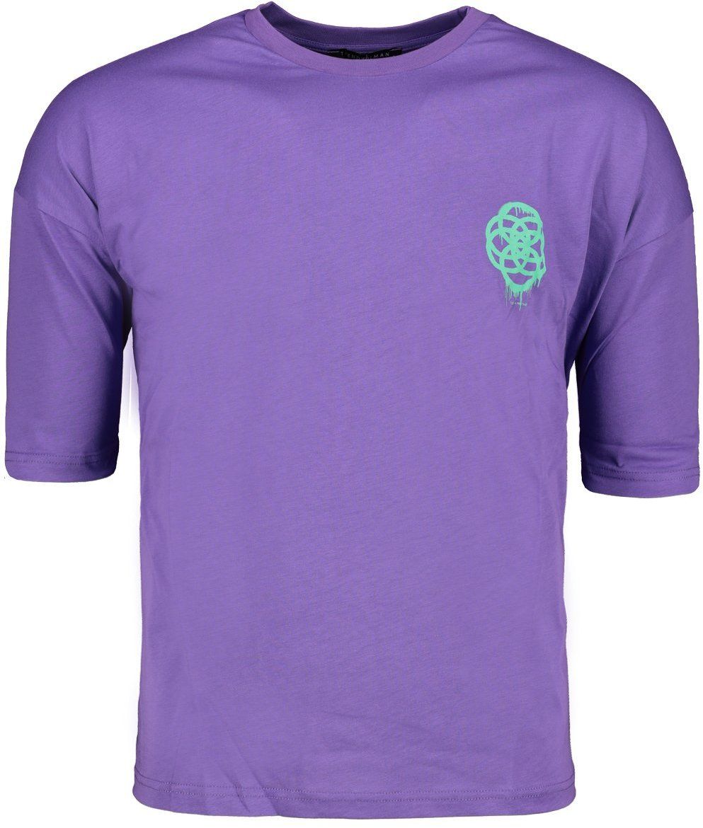 Trendyol Purple pánske oversize/široké strihy crew neck krátky rukáv geometrická potlač 100% bavlnené tričko.