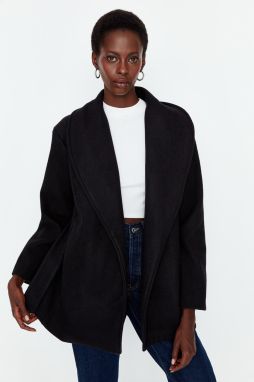 Trendyol čierny oversized pásový šál golier pečiatkovaný kabát