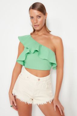 Zelená Crop Tkaná Volánová Jednoramenná 100% Bavlnená Blúzka od Trendyol