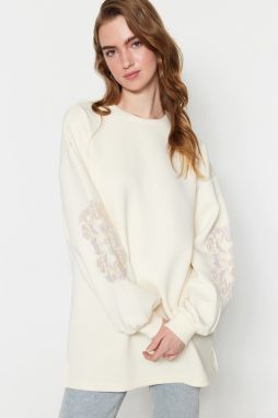 Trendyol Ecru Sleeve Embroidery Detailed Diver/Scuba Knitted Sweatshirt