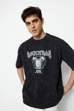 Trendyol Black Oversize/Wide Cut Aged/Faded Effect Rock Print 100% Cotton T-Shirt