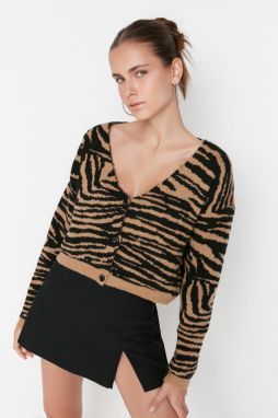 Trendyol Black Crop Mäkký textúrovaný Zvierací vzorovaný sveter Sveter