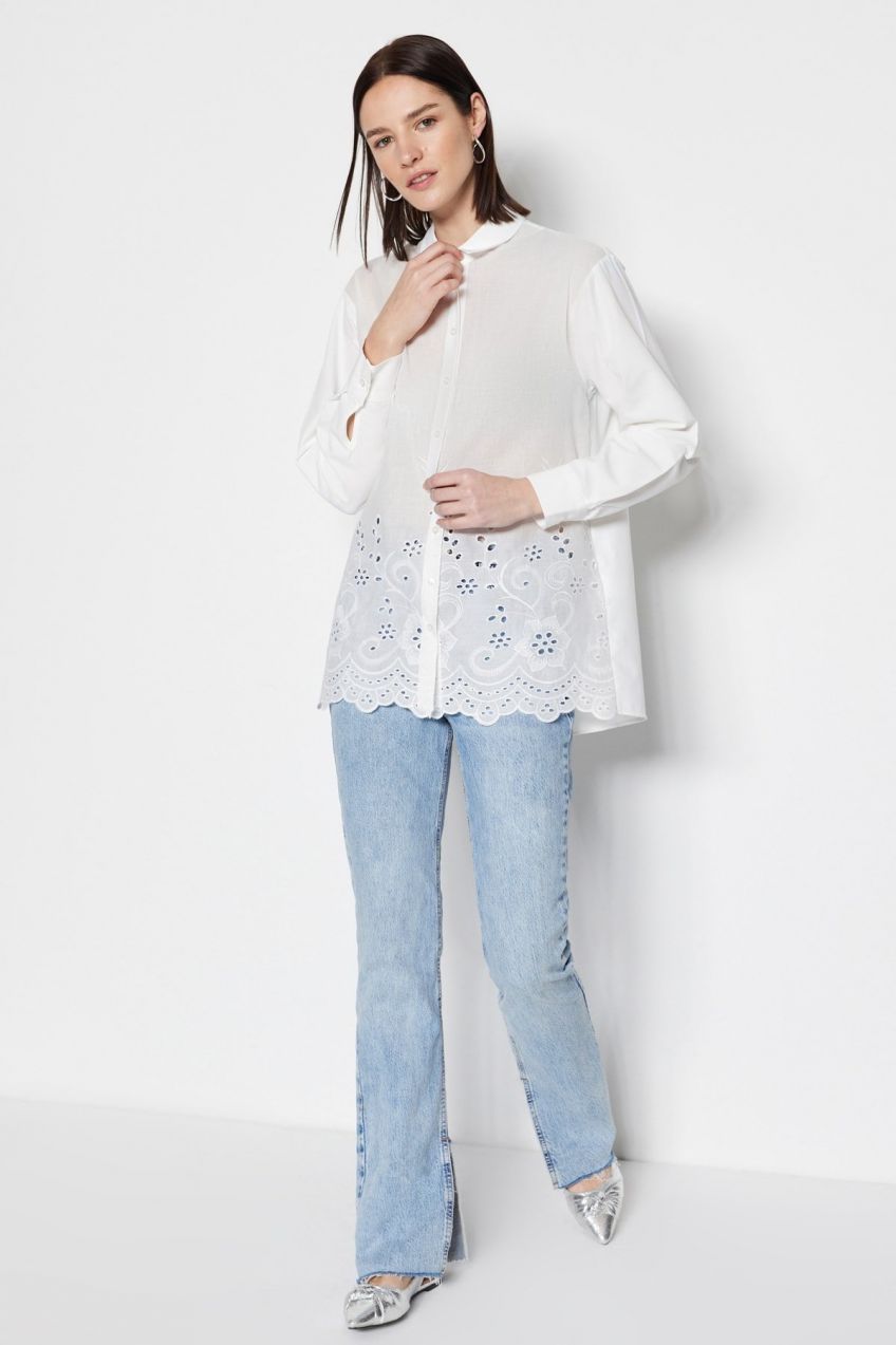 Trendyol Ecru Scallop Detail Woven Cotton Shirt