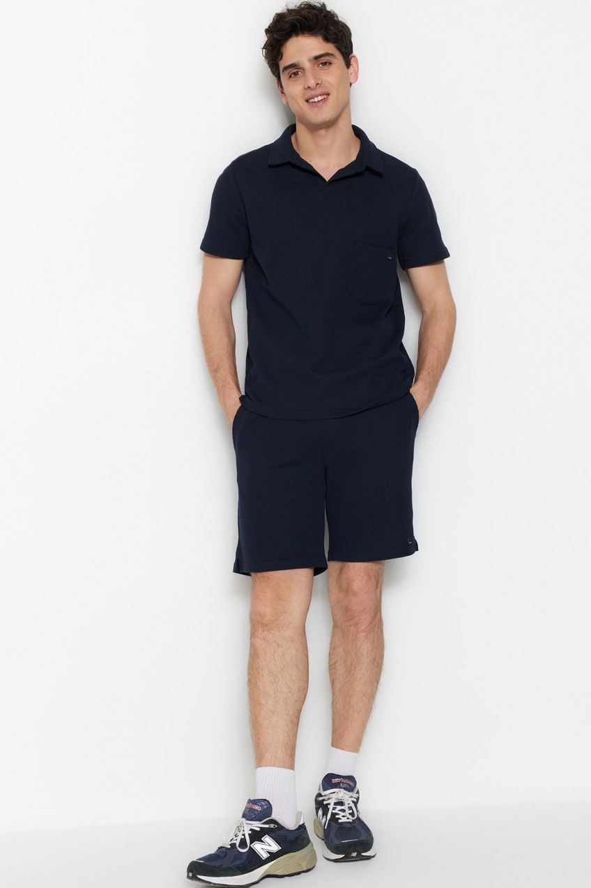Trendyol Navy Blue Regular Cut Textured Fabric Labeled Polo Collar Tracksuit Set
