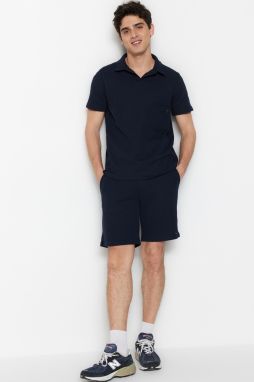 Trendyol Navy Blue Regular Cut Textured Fabric Labeled Polo Collar Tracksuit Set