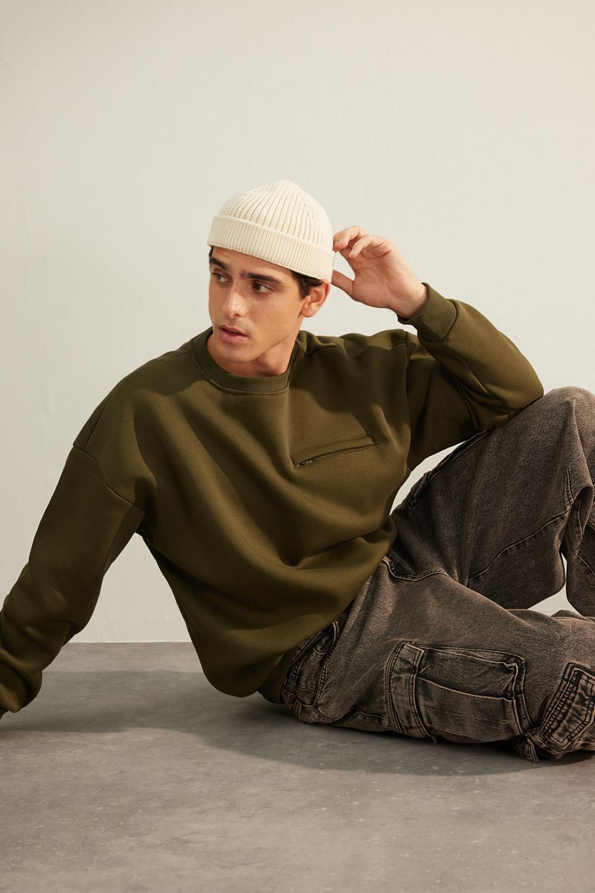Trendyol Khaki Oversize/Wide Cut Zipper Pocket Inside Fleece/Warm Sweatshirt