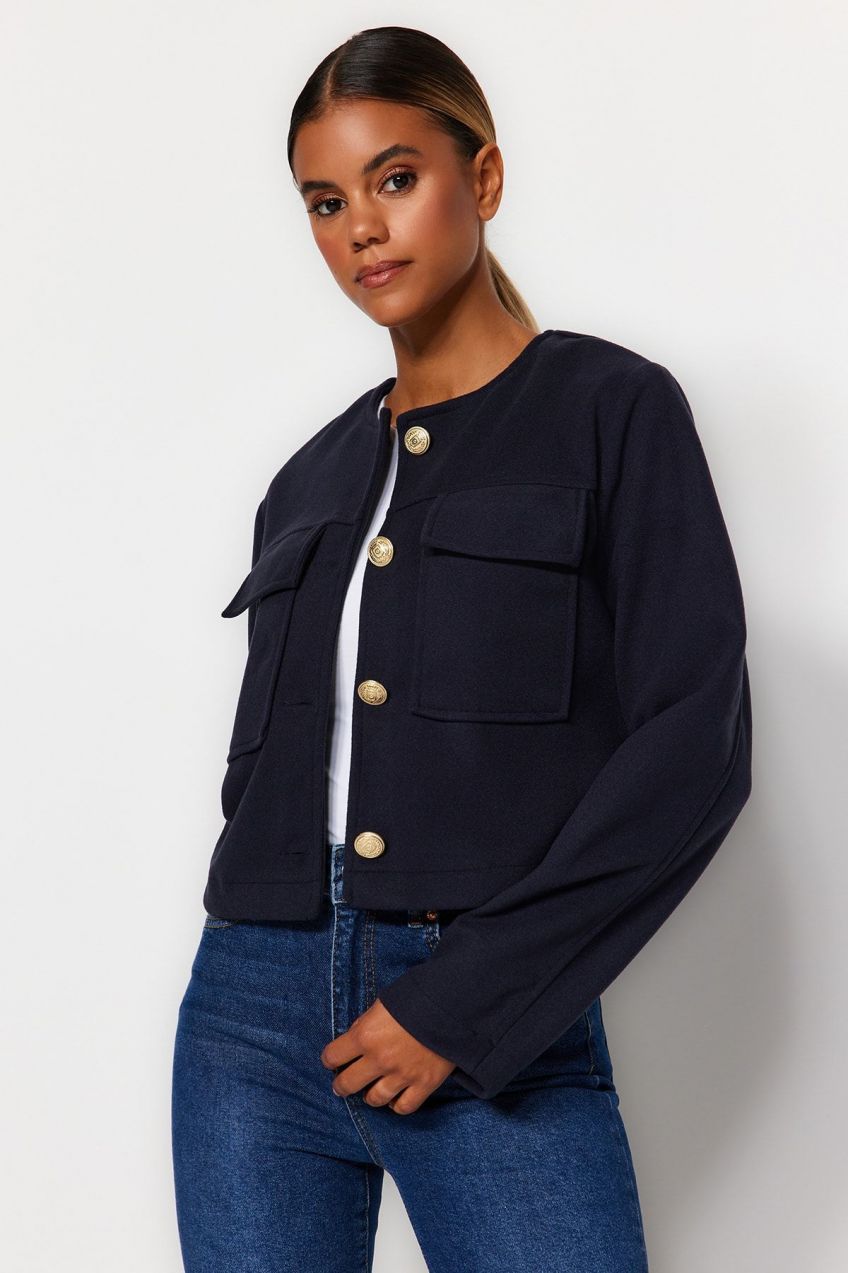 Trendyol Navy Blue Gold Gombík detailne vyrazený kabát