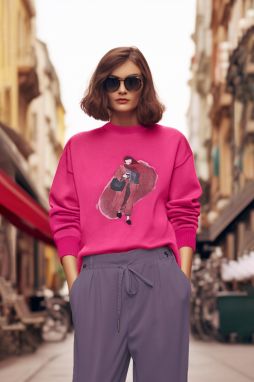 Trendyol Fuchsia Regular Pletený Detail Potlačený Fleece Pletený Sveter