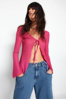 Trendyol Fuchsia Spanish Sleeve Front Tied Seersucker Fabric Knitted Blouse
