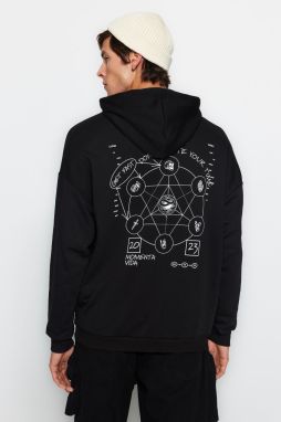 Trendyol čierna pánska oversize/široká mikina. Mystický potlač vpredu/vzadu, hrubá bavlnená mikina.