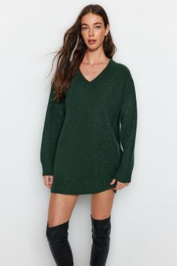 Trendyol Green super mini úplet mäkké textúrované tunikové šaty s výstrihom do V