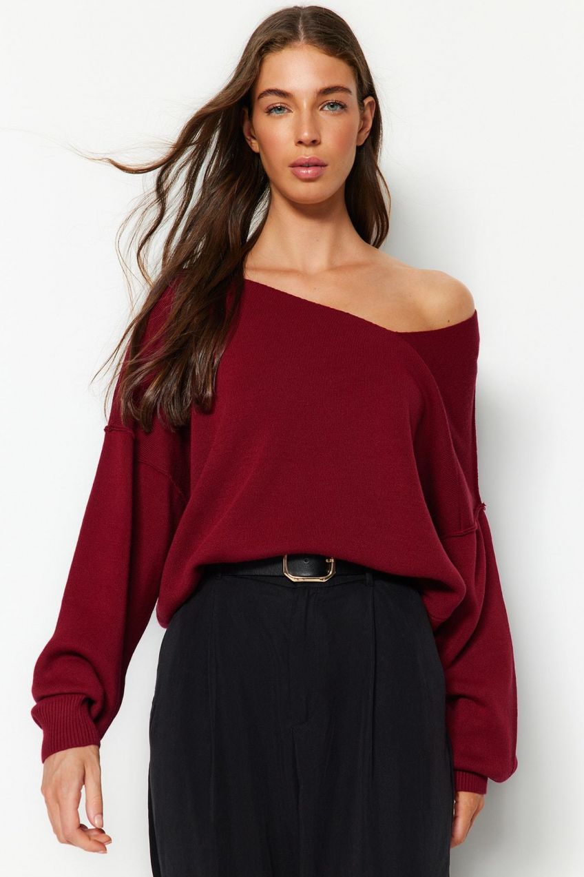 Trendyol Claret Red super široký pletený sveter