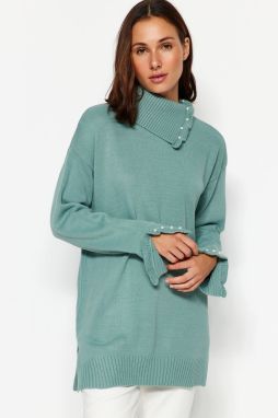 Trendyol Mint Pearl detailný pletený sveter