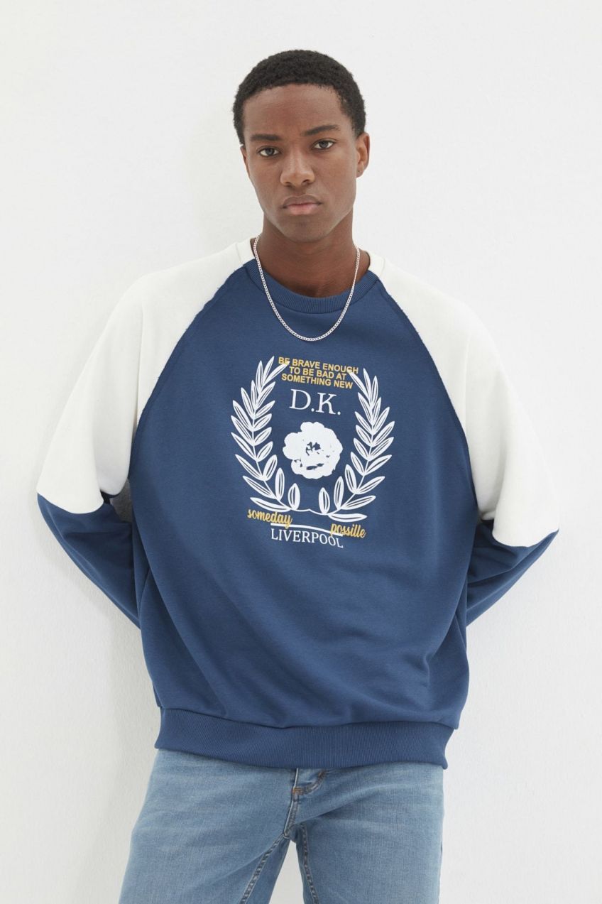 Trendyol Indigo Oversize/Wide Cut Raglan Sleeve Color Block Printed Cotton Sweatshirt