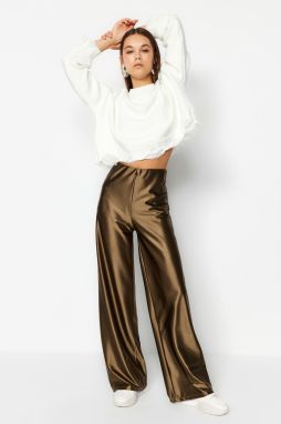 Pletené nohavice Trendyol Khaki Premium Satin Wideleg/široké nohavice