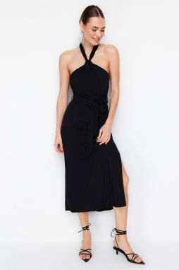 Trendyol Black Belted A-Line Halterneck Midi Woven Dress