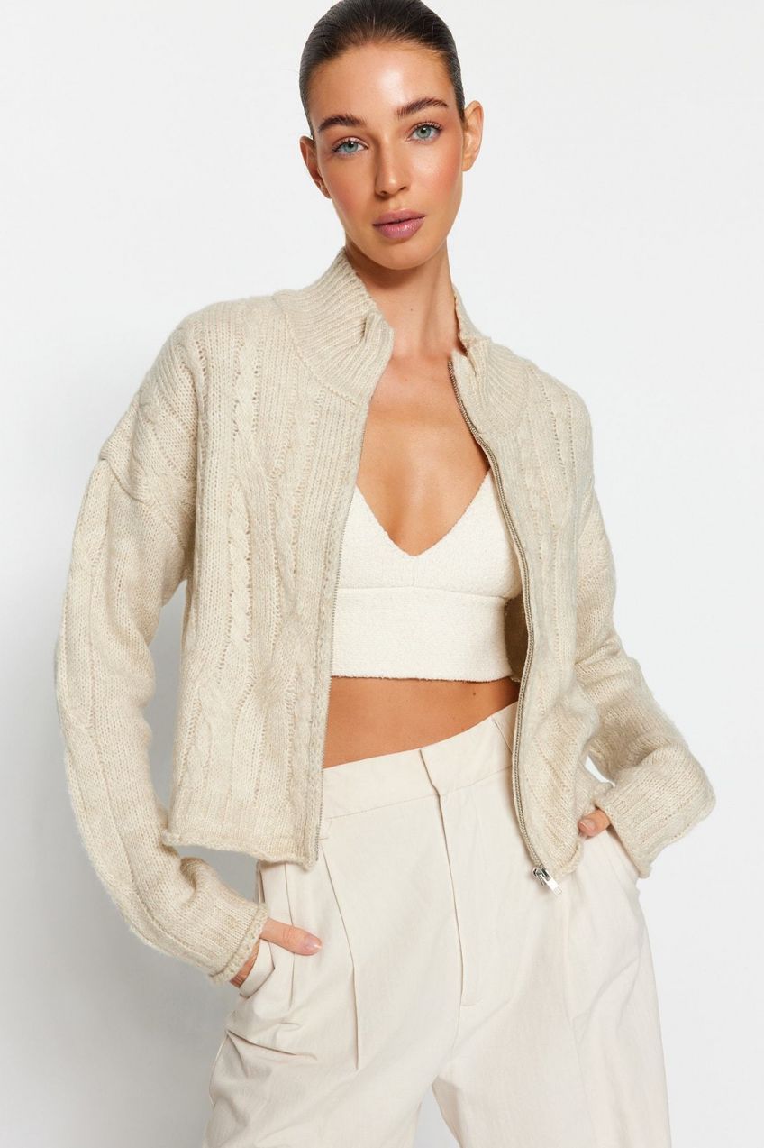 Trendyol Stone Soft Texture Pletený sveter Sveter Na Zips