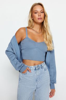 Trendyol Blue Crop Pletené odevy s výstrihom do V