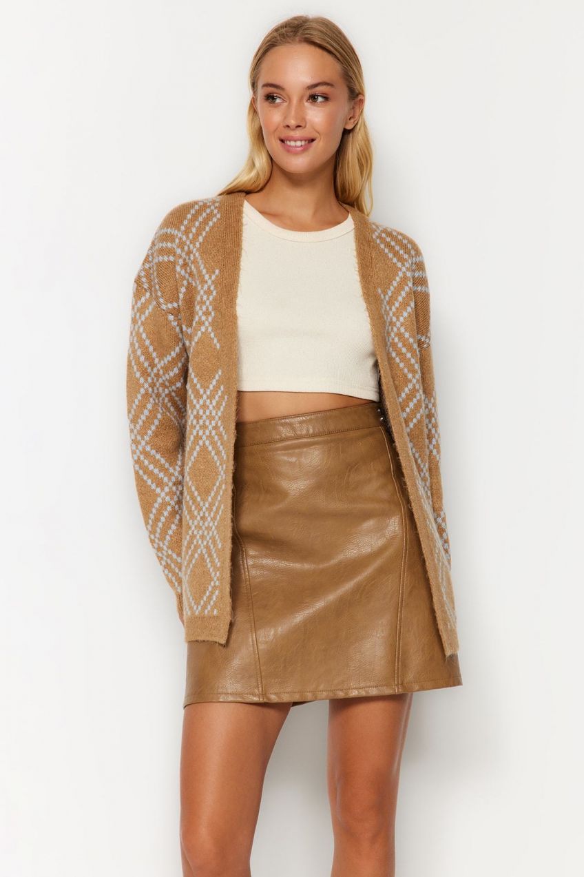 Trendyol Camel oversize midi soft textúrovaný vzorovaný úplet kardigán