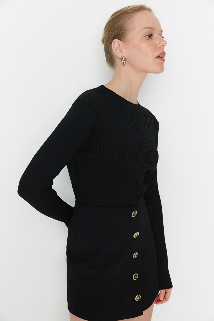 Trendyol Black Cord Pletený crop sveter pulóver