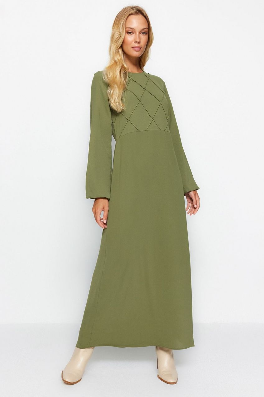Trendyol Khaki steh detail aerobínové tkané maxi šaty