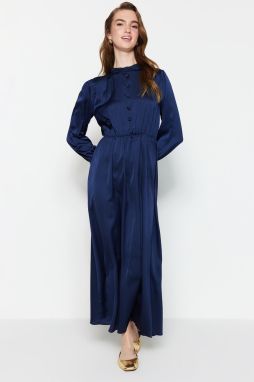 Trendyol Indigo Brit detailné večerné šaty z tkaného saténu