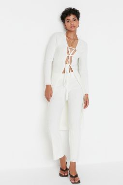 Trendyol Ecru Šnurovanie detailné nohavice-Ccardigan úplet Top-Upper Set