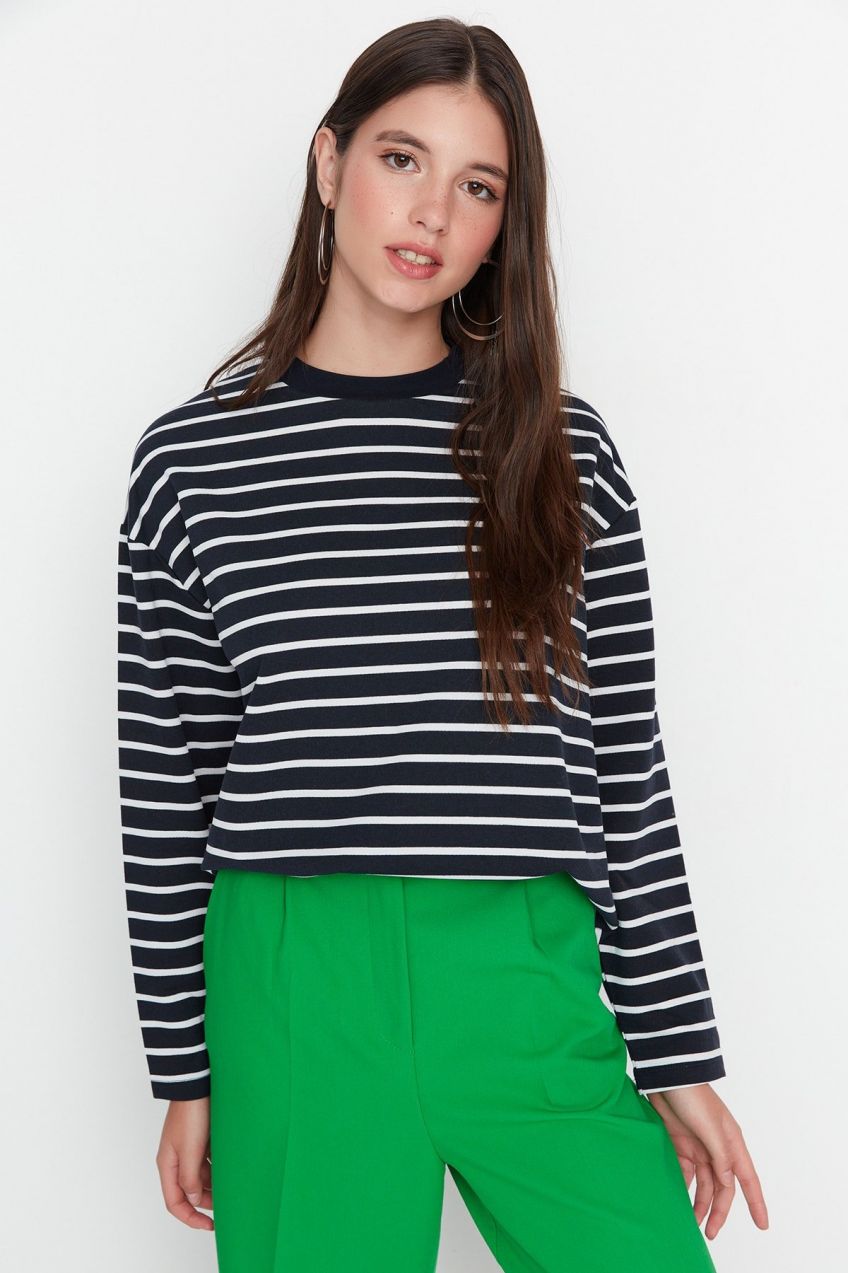 Trendyol Navy Blue Striped Oversize/Wide Cut Crew Neck Thin Knitted Sweatshirt