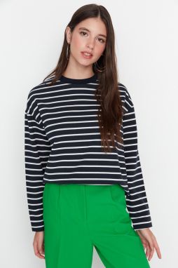 Trendyol Navy Blue Striped Oversize/Wide Cut Crew Neck Thin Knitted Sweatshirt
