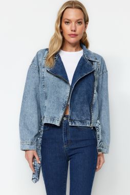 Trendyol Blue Zipper Detailná motorkárska džínsová bunda