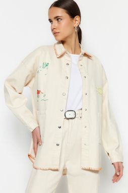 Trendyol Ecru Gabardine vyšívaná detailná snap off bunda