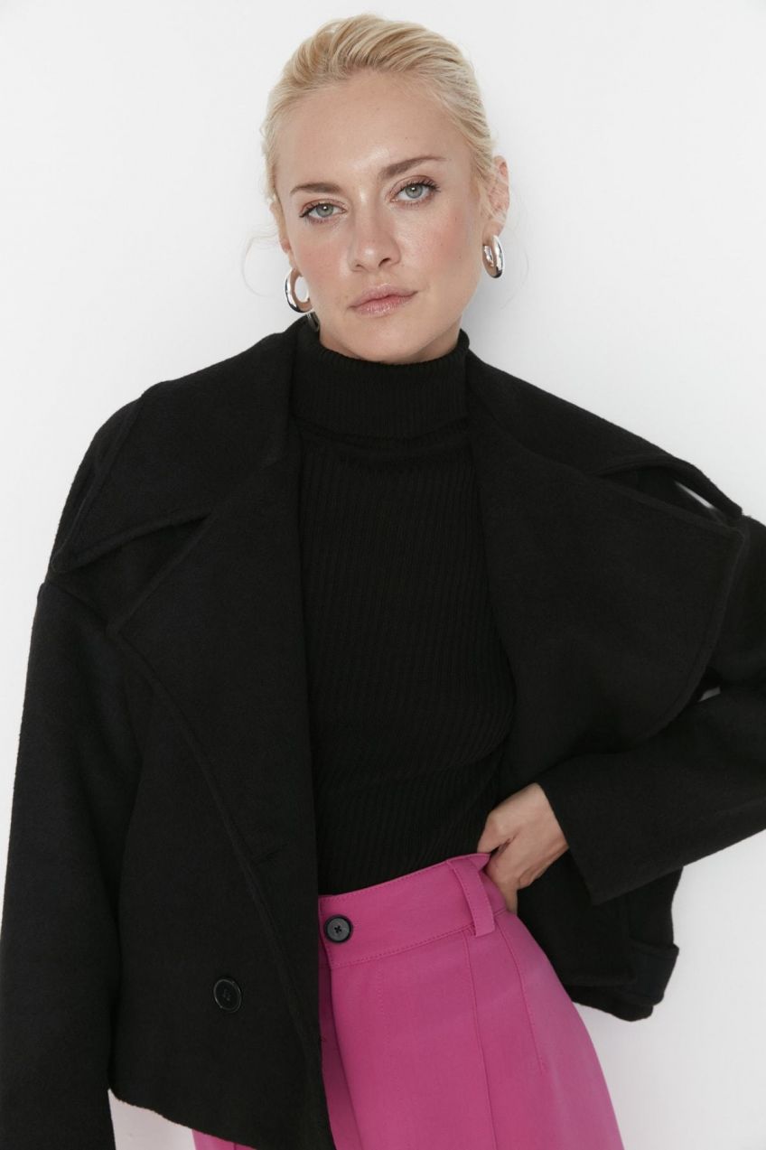 Trendyol čierny oversize vlnený kabát širokého strihu