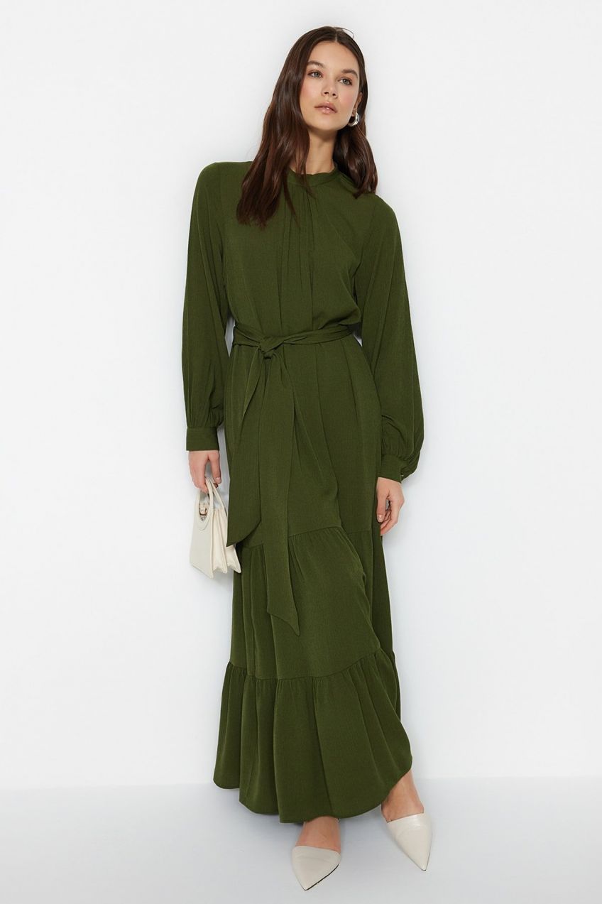 Trendyol Khaki Belted Balloon Sleeve Woven Dress