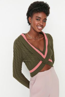 Trendyol Khaki Crop detailný pletený sveter