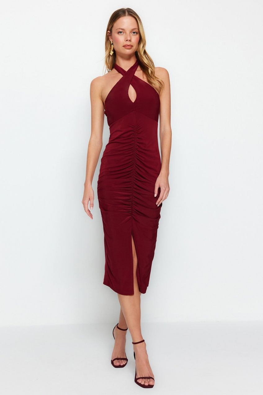 Trendyol Burgundy Drape Detailed Barter Neck Fitted Midi Knitted Flexible Pencil Dress