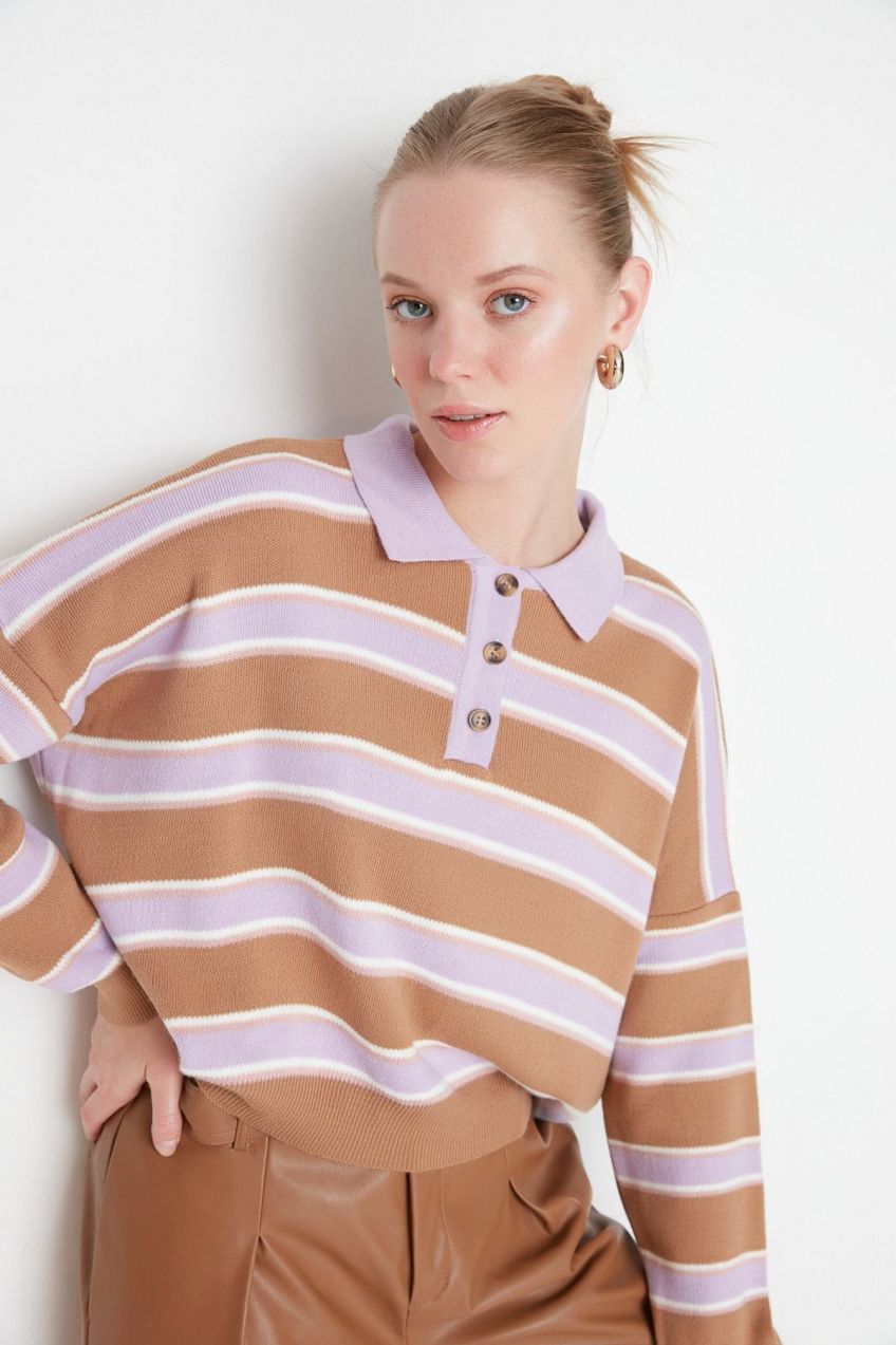 Trendyol Camel Color Block Pletený sveter