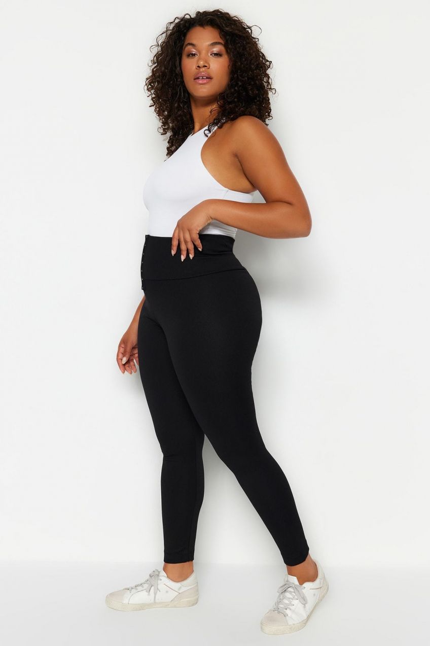 Pletené legíny Trendyol Curve Black Corset-look s vysokým pásom.