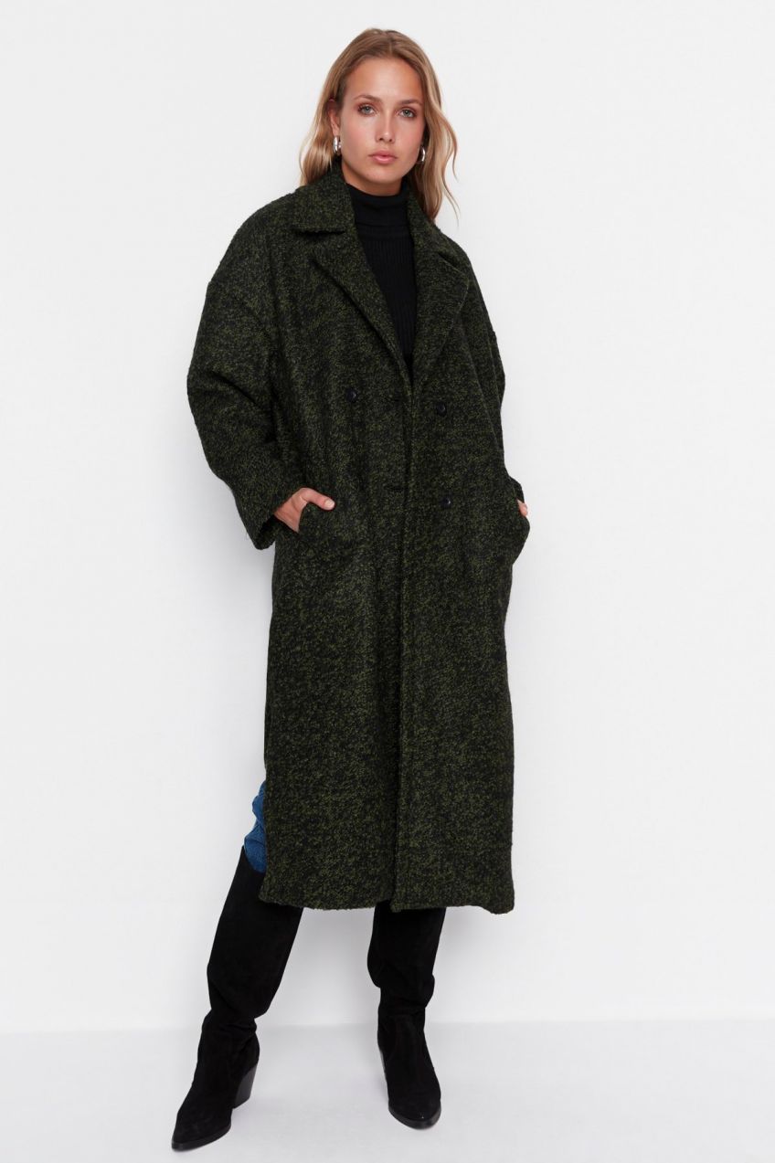Trendyol Khaki Oversize Prémiový Vlnený Kabát Cachet