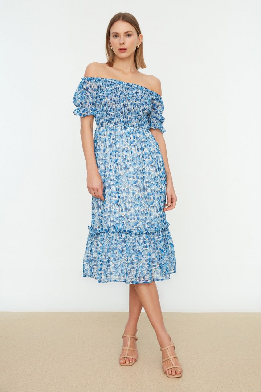 Trendyol Blue Floral Madonna Collar Waist Chiffon Gimped Midi Lined Woven Dress