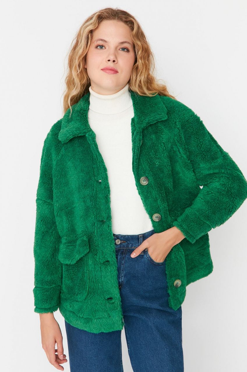 Trendyol Green oversized vrecko detailný plyšový kabát