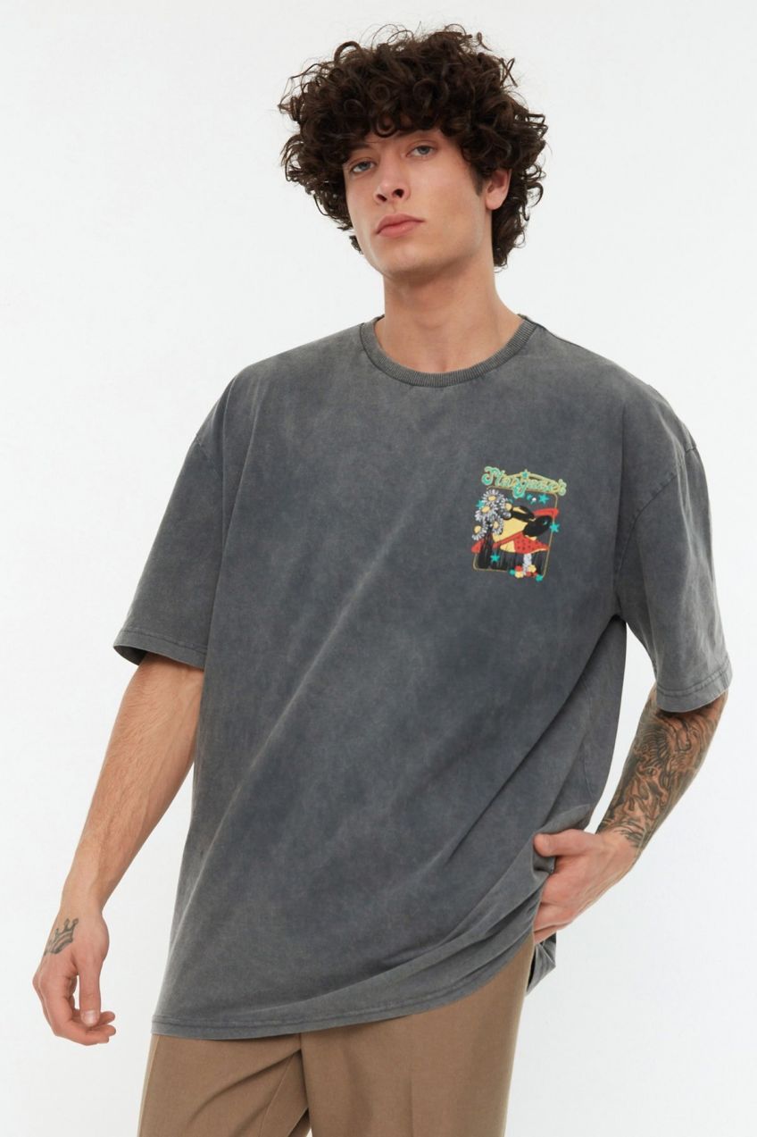 Trendyol Anthracite Relaxed/Comfortable Fit Faded Effect Mystical Printed 100% Cotton T-Shirt