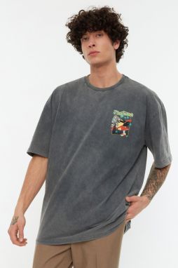 Trendyol Anthracite Relaxed/Comfortable Fit Faded Effect Mystical Printed 100% Cotton T-Shirt