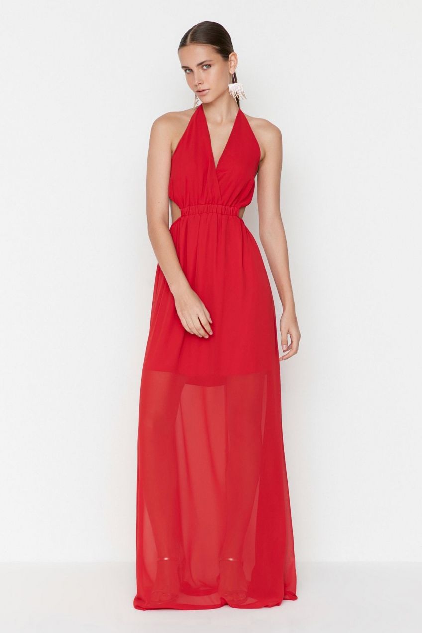 Trendyol Red Back detailné dlhé večerné šaty
