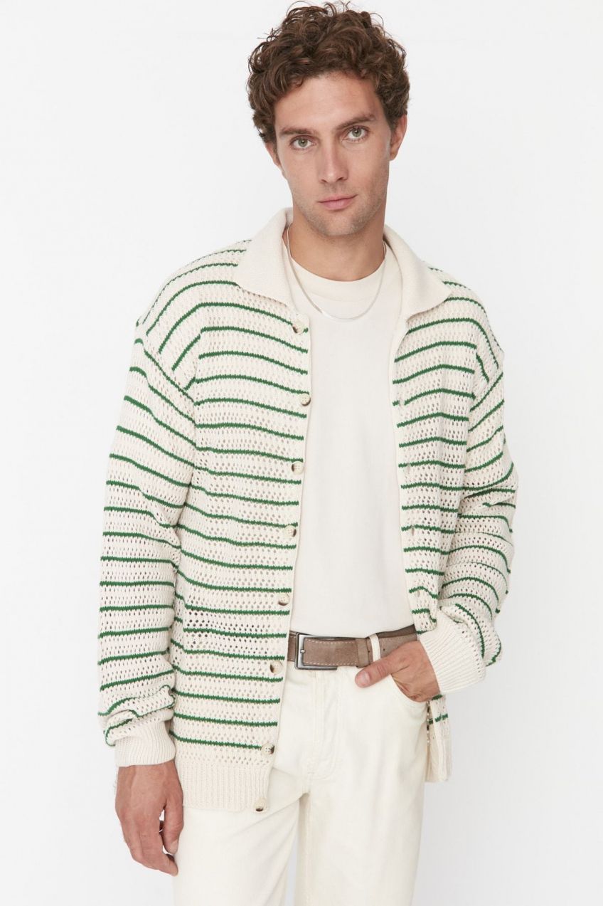 Trendyol Ecru Regular Fit Háčkovaný Detailný Pruhovaný Pletený Kardigán