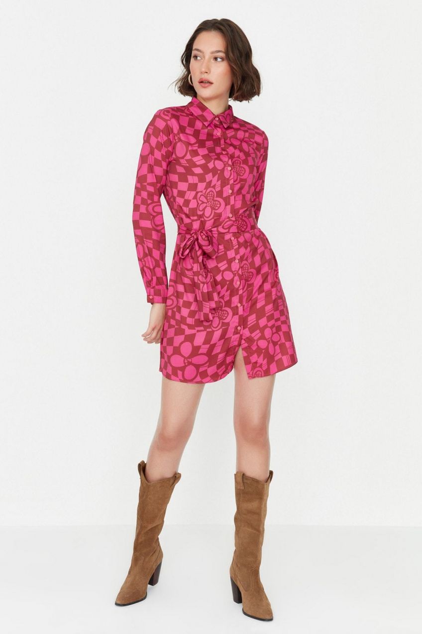 Trendyol Fuchsia Super mini šaty s golierom košele