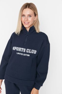 Trendyol Navy Blue Regular/Normal Cut Slogan Zippered Thick Fleece Sweatshirt