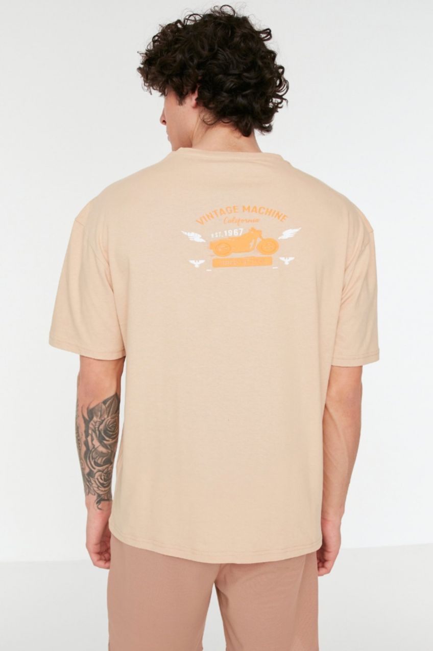 Trendyol Stone Relaxed / Casual Cut Motorcycle Printed 100% Cotton Short Sleeve T-Shirt