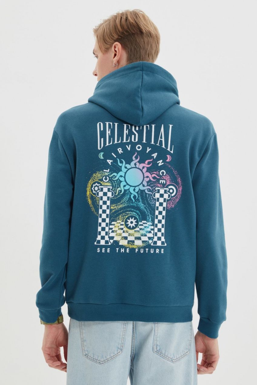 Trendyol Indigo Regular/Real Fit Mikina s Kapucňou a Potlačou na Chrbte
