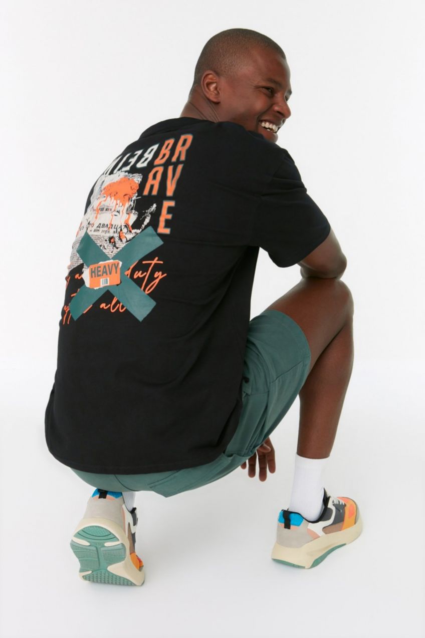 Trendyol Black Relaxed/Casual Cut Short Sleeve Text Printed 100% Cotton T-Shirt